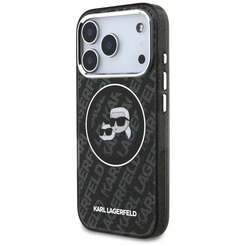 Karl Lagerfeld IML Glitter Karl & Choupette Heads Logo MagSafe – dėklas iPhone 17 Pro (juodas)
