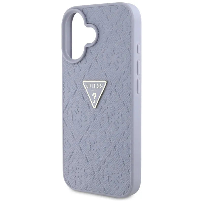 Guess Hot Stamp 4G Pattern Triangle Metal Logo – dėklas iPhone 16 telefonui (violetinis)