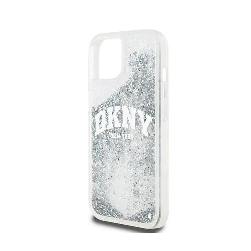 DKNY Liquid Glitter Big Logo – dėklas iPhone 15 / 14 / 13 (baltas)