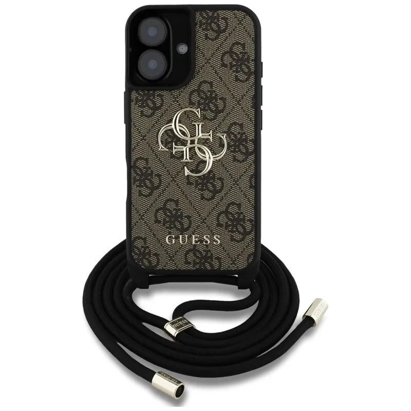 Guess 4G Big Logo Cord Strap Crossbody – dėklas iPhone 16 (rudas)