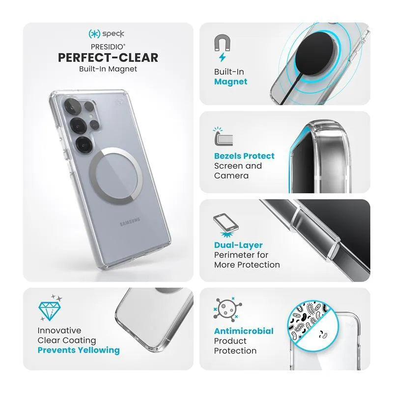 Speck Presidio Perfect-Clear Magnet – Samsung Galaxy S25 Ultra MagSafe dėklas (skaidrus / chromo apdaila / Serene Silver)