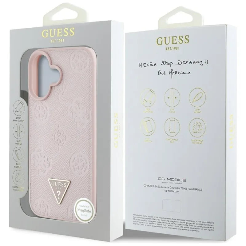 Guess Grained Hot Stamp Peony Triangle Logo MagSafe – dėklas iPhone 16 (rožinis)