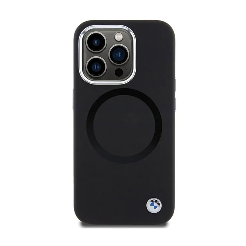 BMW Signature Liquid Silicone MagSafe dėklas, skirtas iPhone 15 Pro (juodas)