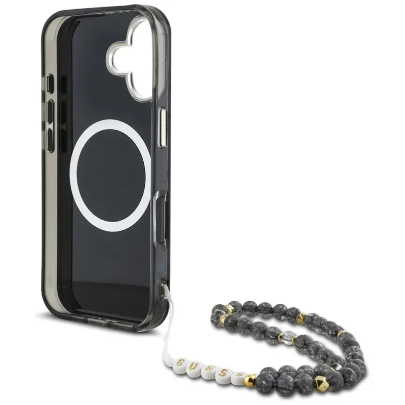 Guess Palm Trees Triangle Pearl Strap MagSafe – dėklas iPhone 16 (juodas)