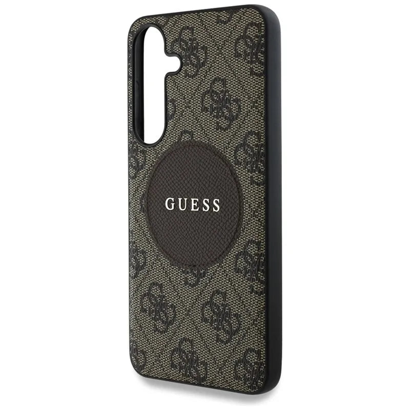 Guess 4G Round Patch Classic Logo MagSafe – dėklas Samsung Galaxy S25+ (rudas)