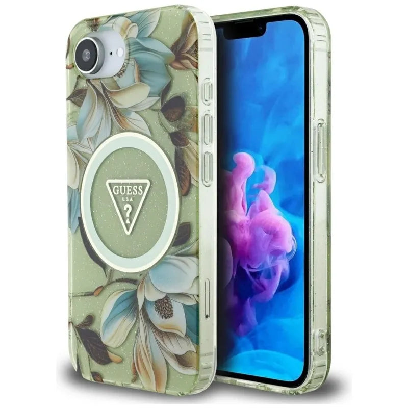 Guess IML Metal Glitter Flowers Triangle MagSafe – dėklas iPhone 16e telefonui (žalias)
