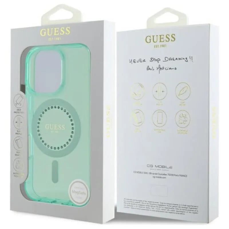 Guess IML Rhinestones MagSafe – dėklas iPhone 16 Pro Max telefonui (žalias)
