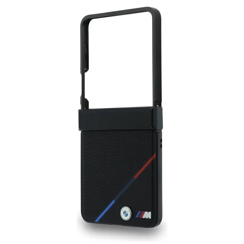 BMW M Leather Perforated Tricolor Stripe Metal Logos MagSafe – dėklas Samsung Galaxy Z Flip 8 (juodas)
