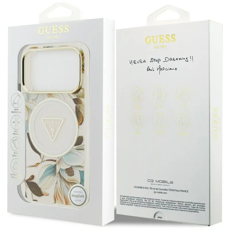 Guess IML Glitter Flowers Triangle MagSafe – dėklas iPhone 17 Pro (baltas)