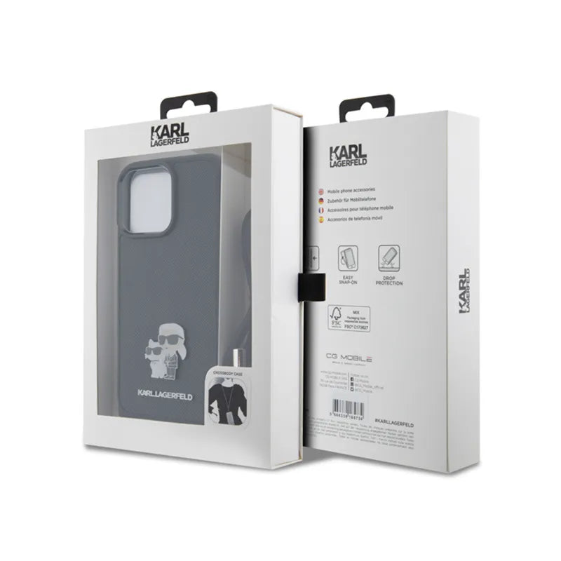 Karl Lagerfeld Crossbody Saffiano Metal Pin Karl & Choupette – dėklas iPhone 15 Pro Max (juodas)