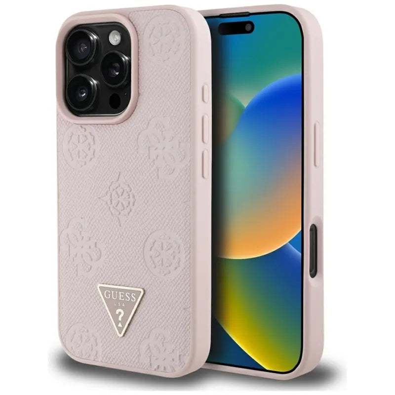 Guess Grained Hot Stamp Peony Triangle Logo MagSafe – Dėklas iPhone 16 Pro (rožinis)
