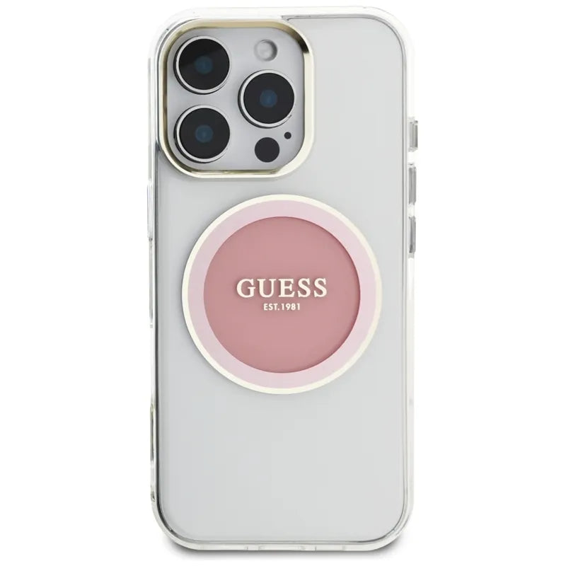 Guess IML Metal Colored Circle Classic Logo MagSafe – dėklas iPhone 16 Pro (rožinis)