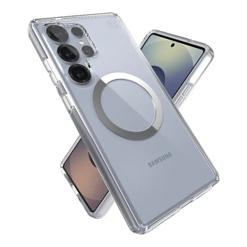 Speck Presidio Perfect-Clear Magnet – Samsung Galaxy S25 Ultra MagSafe dėklas (skaidrus / chromo apdaila / Serene Silver)
