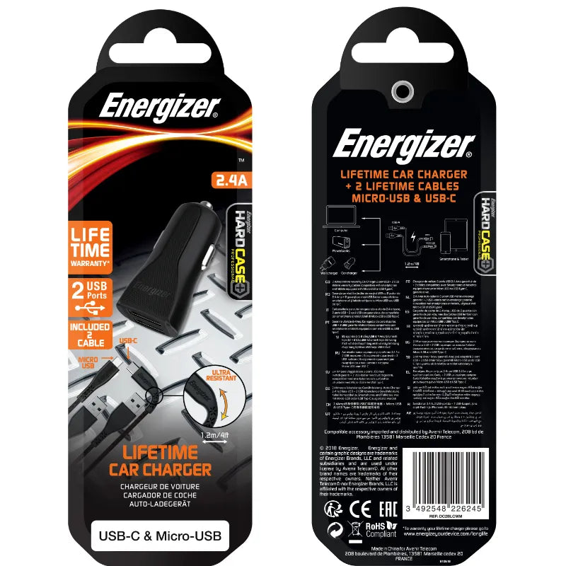 Energizer HardCase – Automobilinis įkroviklis 2x USB-A 2.4A + USB-C ir „Micro USB“ kabelis (juodas)