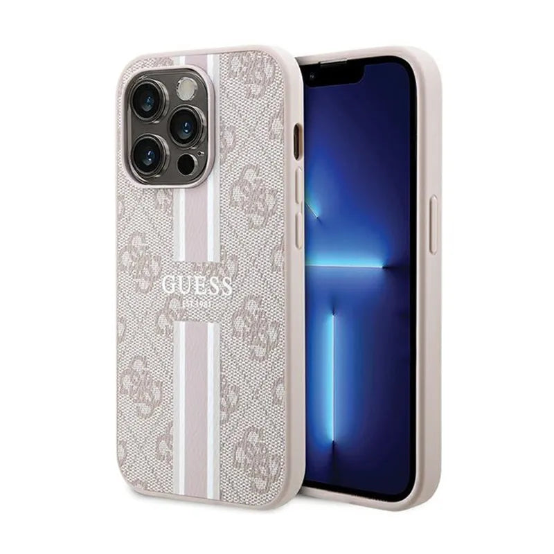 Guess 4G Printed Stripes MagSafe dėklas, skirtas iPhone 15 Pro (rožinis)