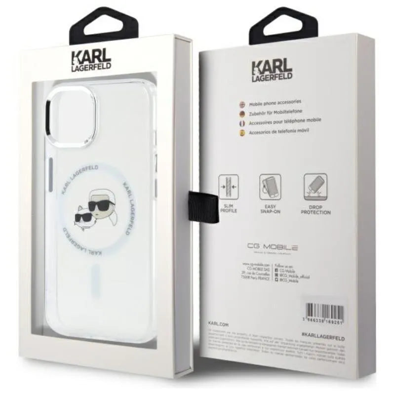 Karl Lagerfeld IML Metal Karl & Choupette Head MagSafe – dėklas iPhone 15 (baltas)