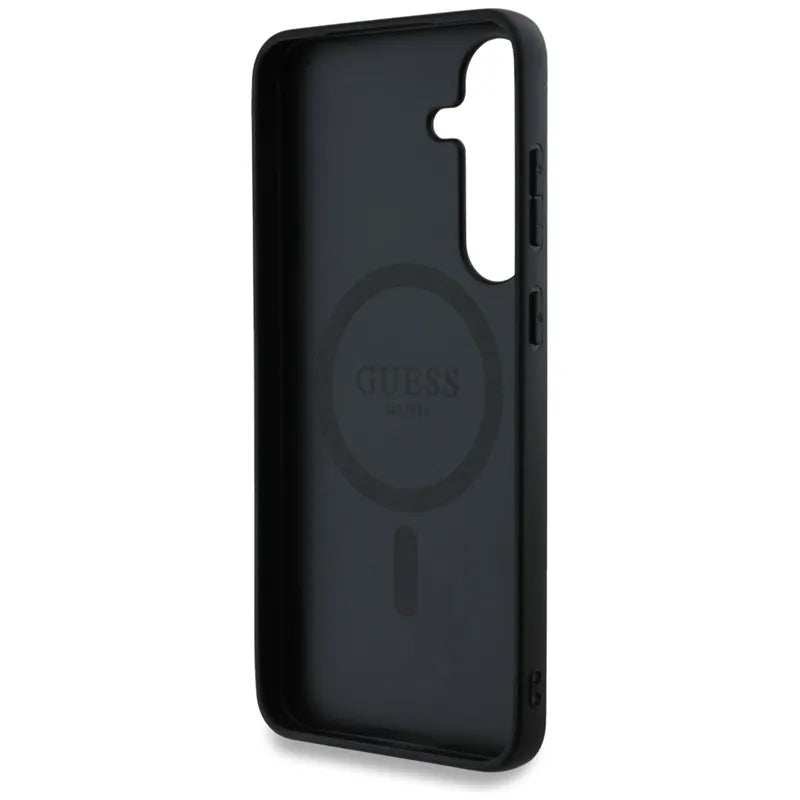 Guess 4G Round Patch Classic Logo MagSafe – dėklas Samsung Galaxy S25+ (rudas)