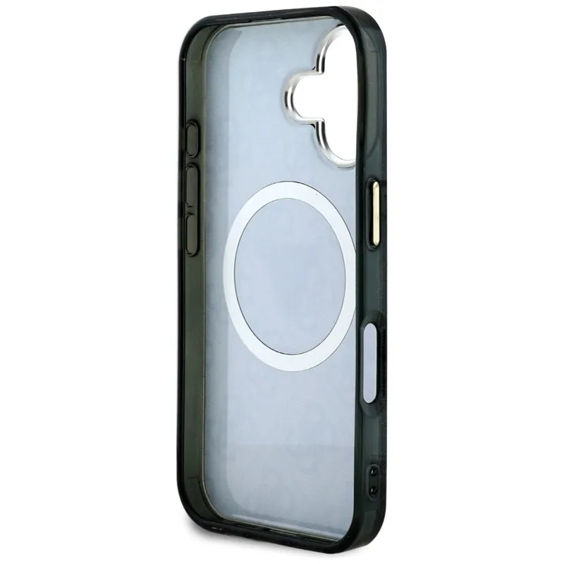Guess IML Metal Glitter 4G Circle Triangle MagSafe – dėklas iPhone 16 (juodas)