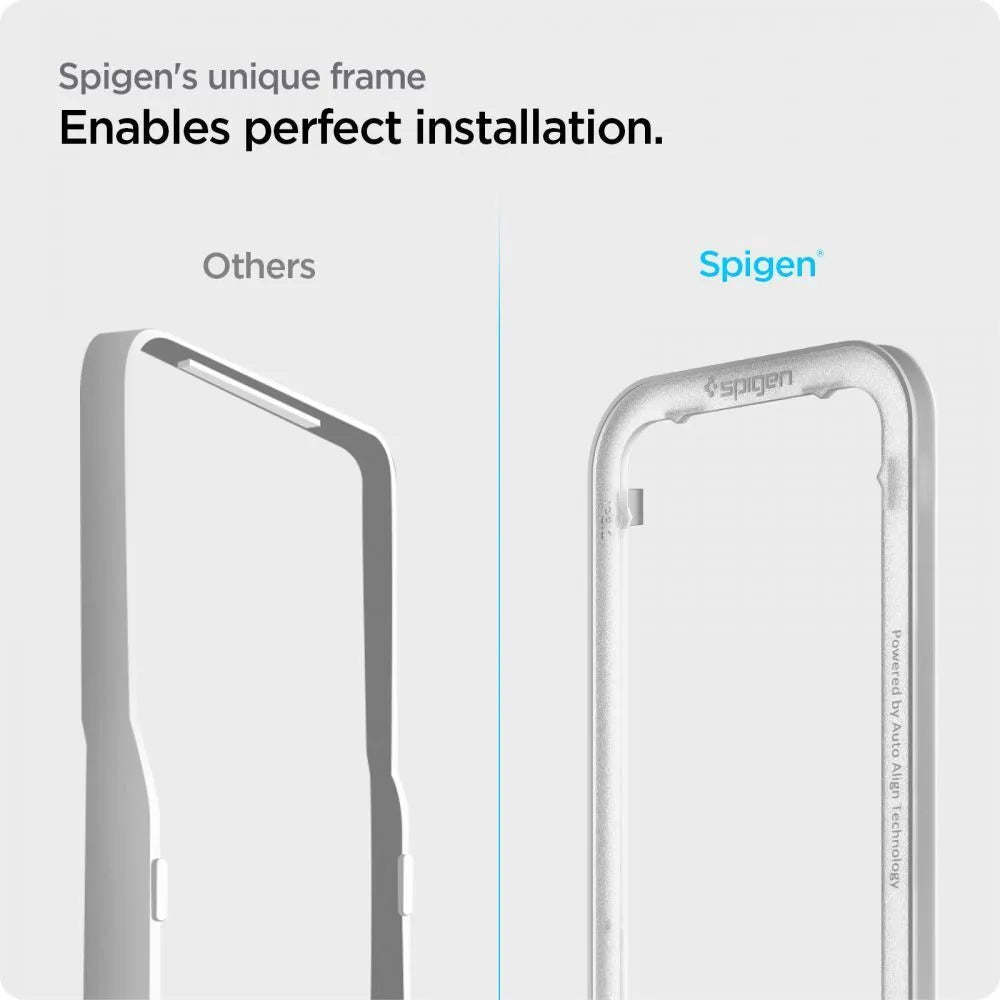 Spigen Alm Glass FC – grūdintas stiklas, skirtas iPhone 17e / 16e / 14 / 13 / 13 Pro (juodas rėmelis)