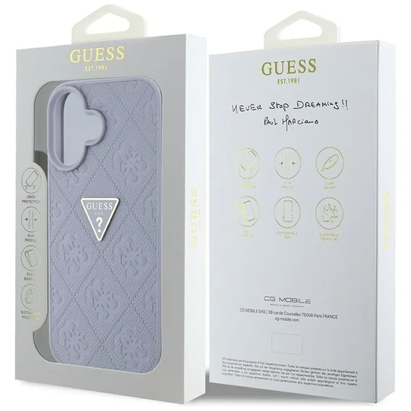 Guess Hot Stamp 4G Pattern Triangle Metal Logo – dėklas iPhone 16 telefonui (violetinis)