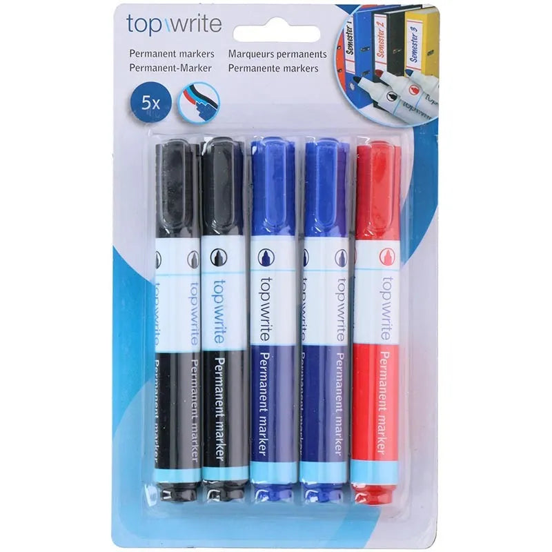 Topwrite – Permanentinių žymeklių rinkinys, 5 vnt. (Juoda/Mėlyna/Raudona)