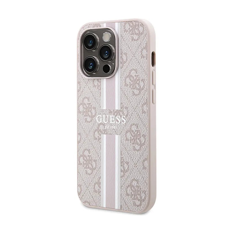 Guess 4G Printed Stripes MagSafe dėklas, skirtas iPhone 15 Pro (rožinis)