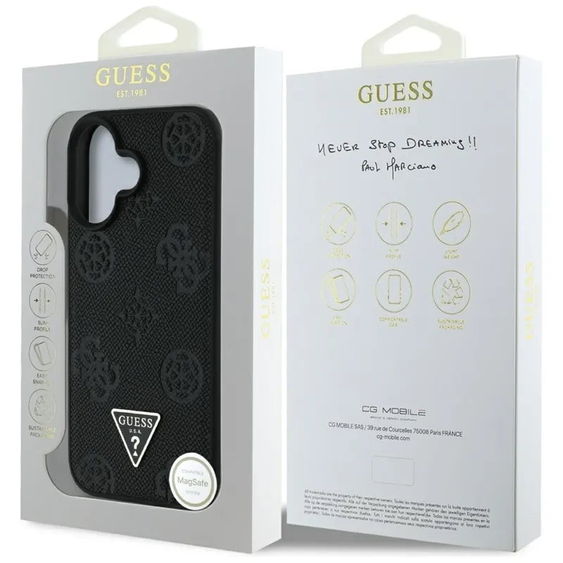 Guess Grained Hot Stamp Peony Triangle Logo MagSafe – Dėklas iPhone 16 (juodas)