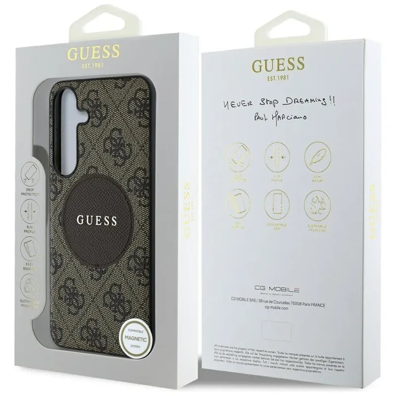 Guess 4G Round Patch Classic Logo MagSafe – dėklas Samsung Galaxy S25+ (rudas)