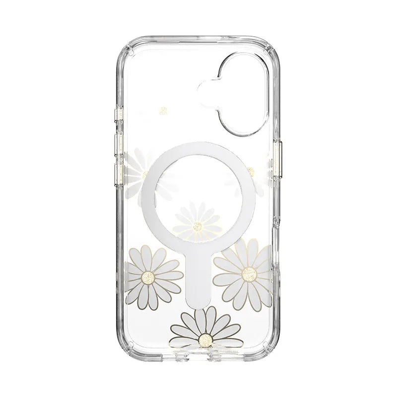 Speck Presidio Lux ClickLock & MagSafe – iPhone 16 dėklas (Sunshine Daisies / Skaidrus / Auksas)