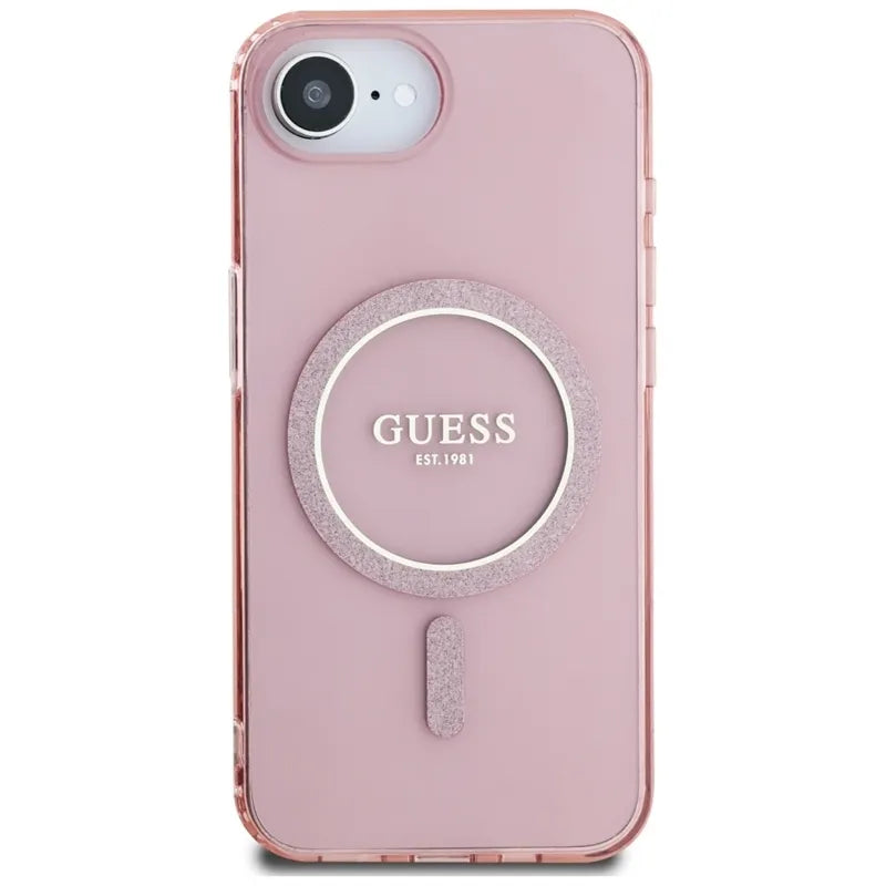 Guess IML Glitter Circle MagSafe – dėklas iPhone 16e (rožinis)