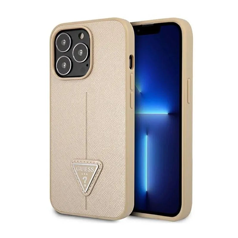 Dėklas Guess Saffiano Triangle Logo - Dėklas, skirtas iPhone 14 Pro (Smėlio spalvos)
