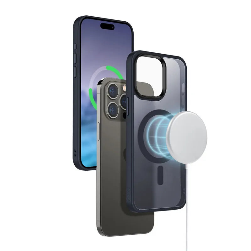 Crong Hybrid Frost MAG Cover – MagSafe dėklas iPhone 15 Pro Max (tamsiai mėlynas)