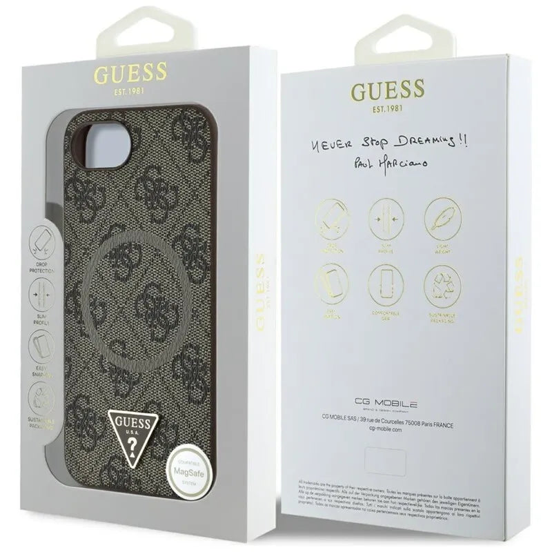 Guess 4G Ring Triangle Logo MagSafe – dėklas iPhone 16e (rudos spalvos)