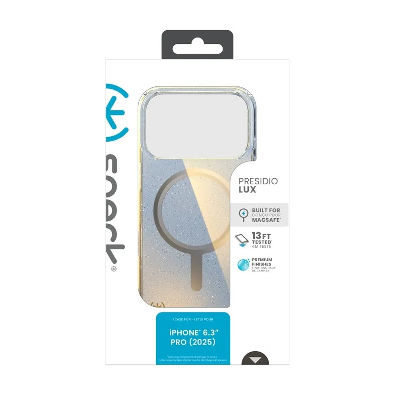Speck Presidio Lux MagSafe – iPhone 17 Pro dėklas (Hyper Mirror Glitter / Silver Metallic)