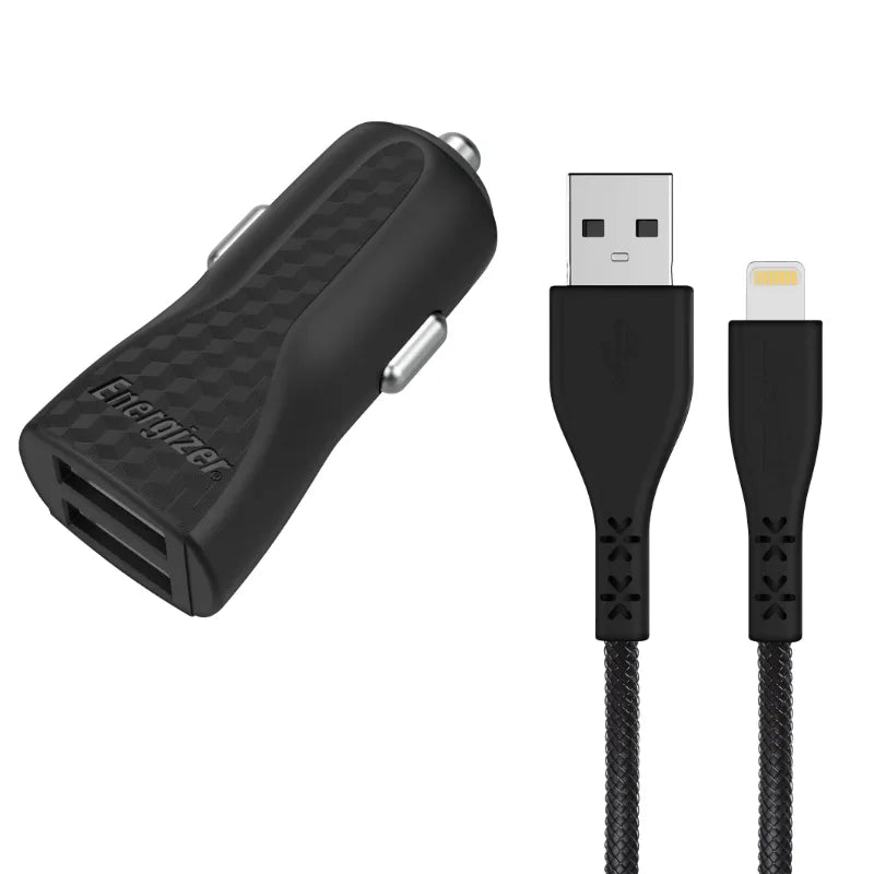 Energizer HardCase – automobilinis įkroviklis 2x USB-A 17 W 3,4 A + MFi sertifikuotas „Lightning“ laidas (juodas)