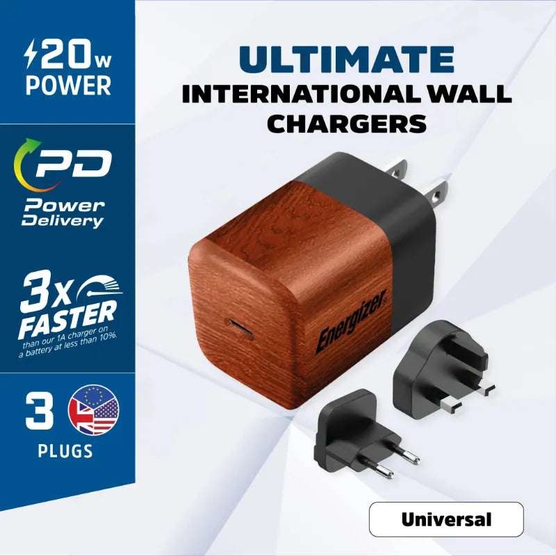 Energizer Ultimate – Multiplug ES / JK / JAV GaN 20 W PD sieninis įkroviklis (riešutmedžio raštas)