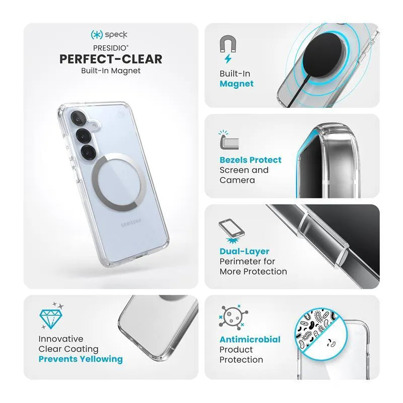 Speck Presidio Perfect-Clear Magnet – dėklas Samsung Galaxy S25 / S24 MagSafe (Skaidrus / Chromuotas paviršius / Serene Silver)