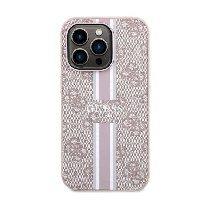 Guess 4G Printed Stripes MagSafe dėklas, skirtas iPhone 15 Pro (rožinis)