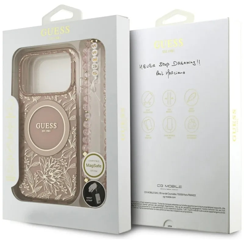 Guess IML Flowers Electro Pearl Strap MagSafe – dėklas iPhone 17 Pro (rožinis)