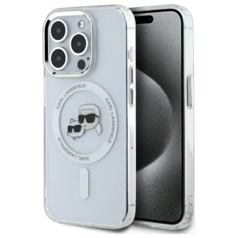 Karl Lagerfeld IML Metal Karl & Choupette Head MagSafe – dėklas iPhone 15 Pro Max (Baltas)