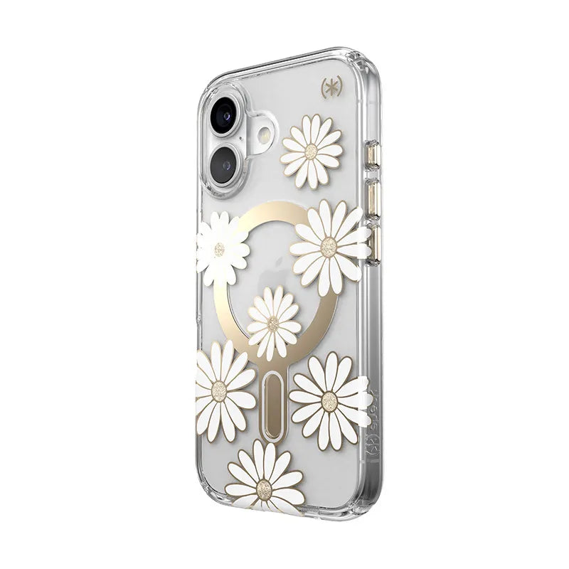 Speck Presidio Lux ClickLock & MagSafe – iPhone 16 dėklas (Sunshine Daisies / Skaidrus / Auksas)