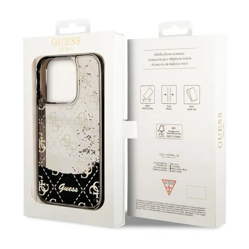 Guess Liquid Glitter Transculent 4G – dėklas iPhone 14 Pro (juodas)