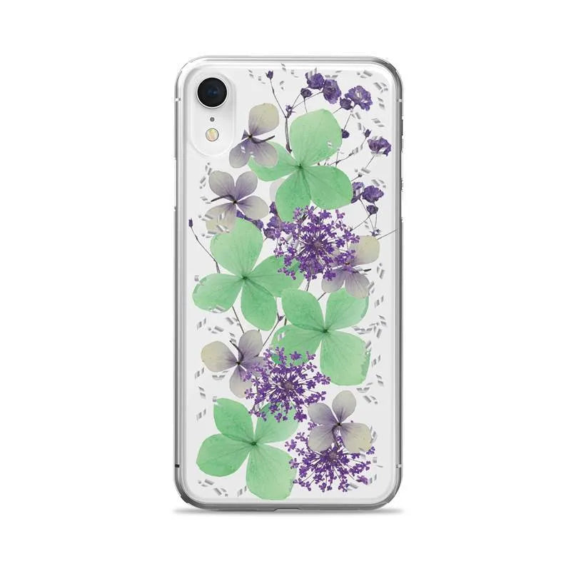 PURO Glam Hippie Chic dangtelis – dėklas „iPhone XR“ (tikrų žalių gėlių žiedlapių dizainas)