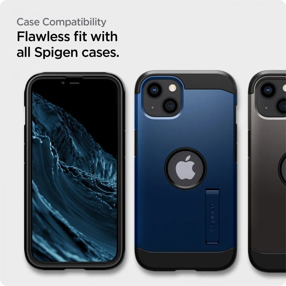 Spigen Alm Glass FC – grūdintas stiklas, skirtas iPhone 17e / 16e / 14 / 13 / 13 Pro (juodas rėmelis)