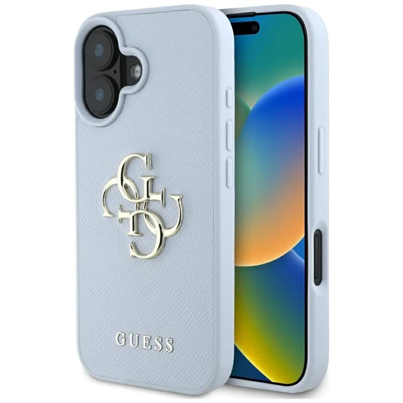 Guess Grained Big 4G Logo Small Classic Logo - dėklas iPhone 16 (mėlynas)
