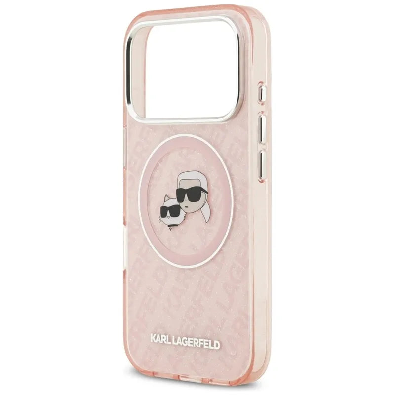 Karl Lagerfeld IML Glitter Karl & Choupette Heads Logo MagSafe - dėklas iPhone 17 Pro Max (rožinis)
