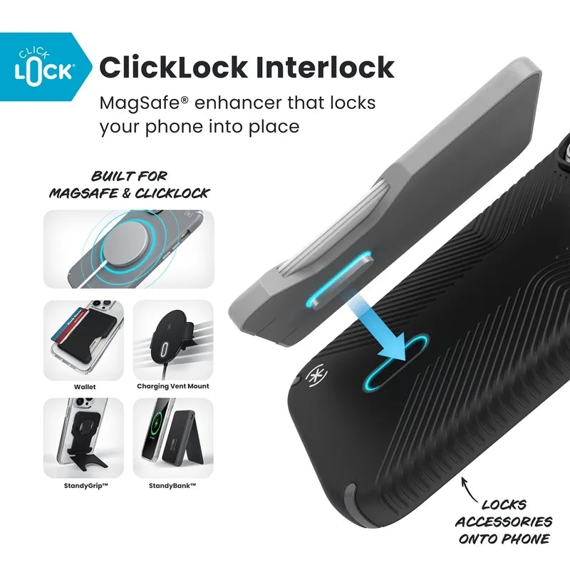 Speck Presidio2 Grip ClickLock & MagSafe – iPhone 17 Pro dėklas (juodas / pilkas / baltas)