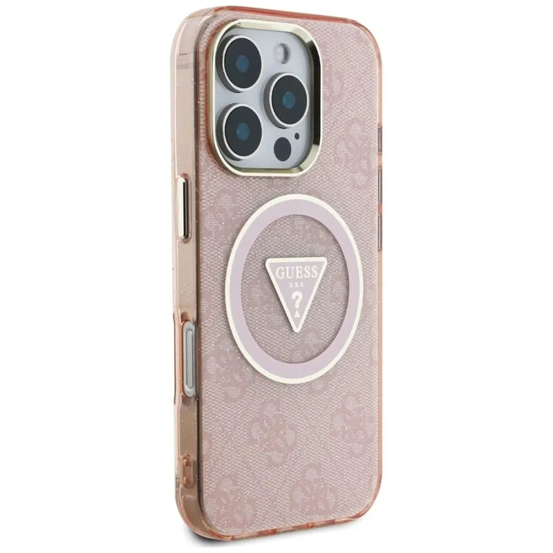 Guess IML Metal Glitter 4G Circle Triangle MagSafe – dėklas iPhone 16 Pro Max telefonui (rožinis)
