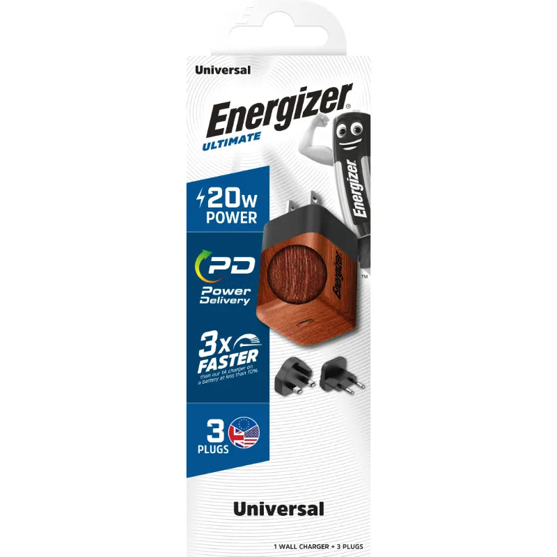 Energizer Ultimate – Multiplug ES / JK / JAV GaN 20 W PD sieninis įkroviklis (riešutmedžio raštas)