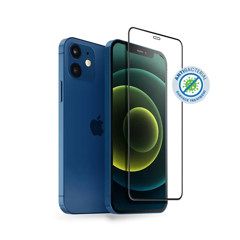 Crong Anti-Bacterial 3D Armor Glass – 9H grūdintas stiklas visam iPhone 12 Mini ekranui + montavimo rėmelis